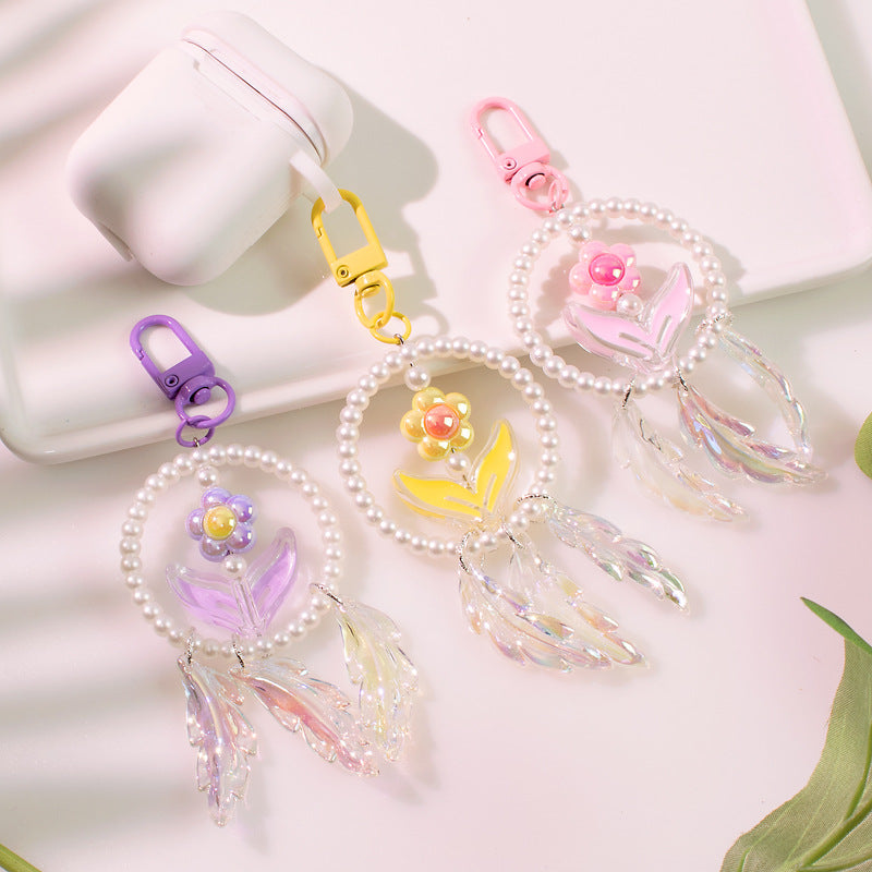 Keychains de plumas electroplacados de flor de perlas al por mayor